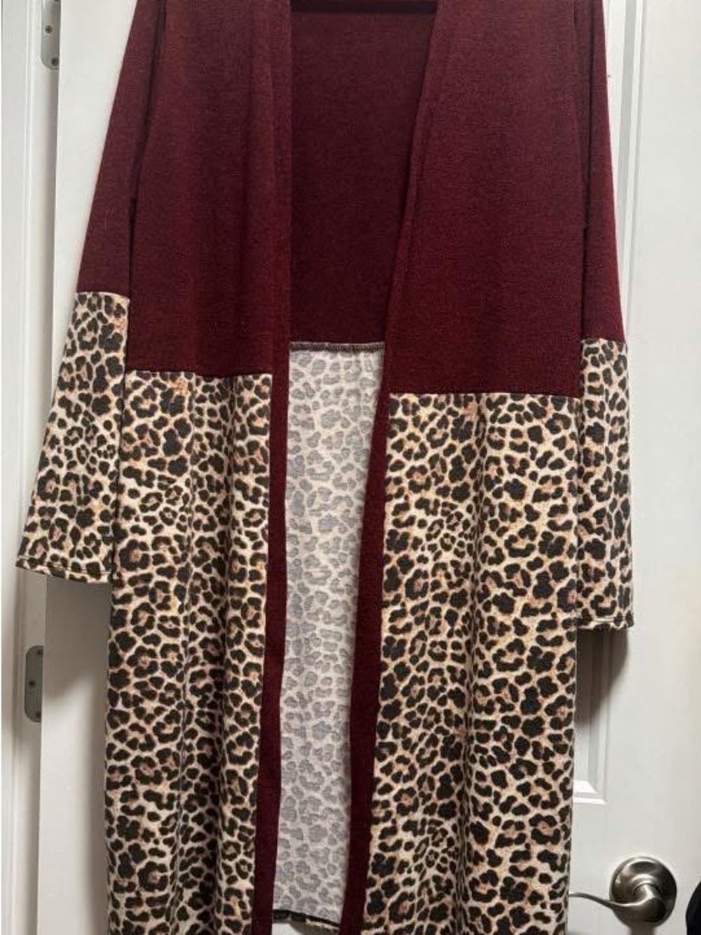 Burgundy Open-Front Leopard Print Cardigan